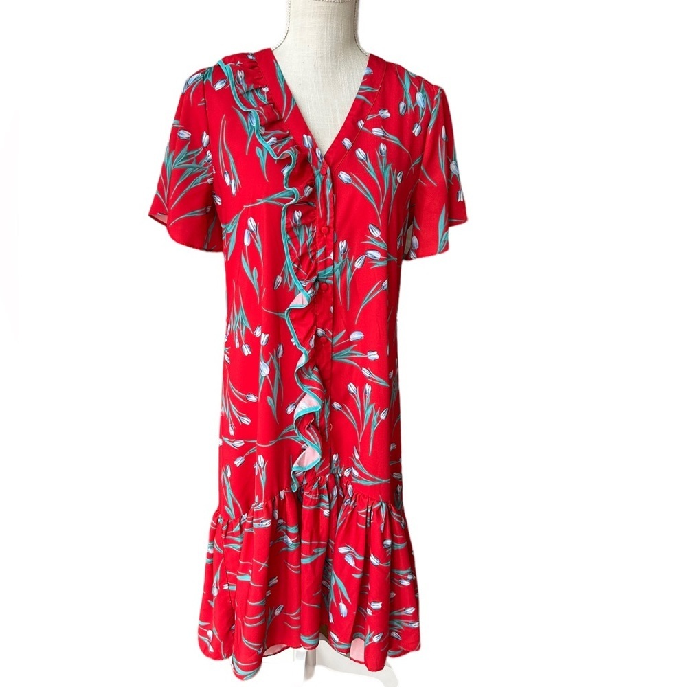 Savida Womens Red Floral Print with‎ Ruffle Midi Dress Size 40